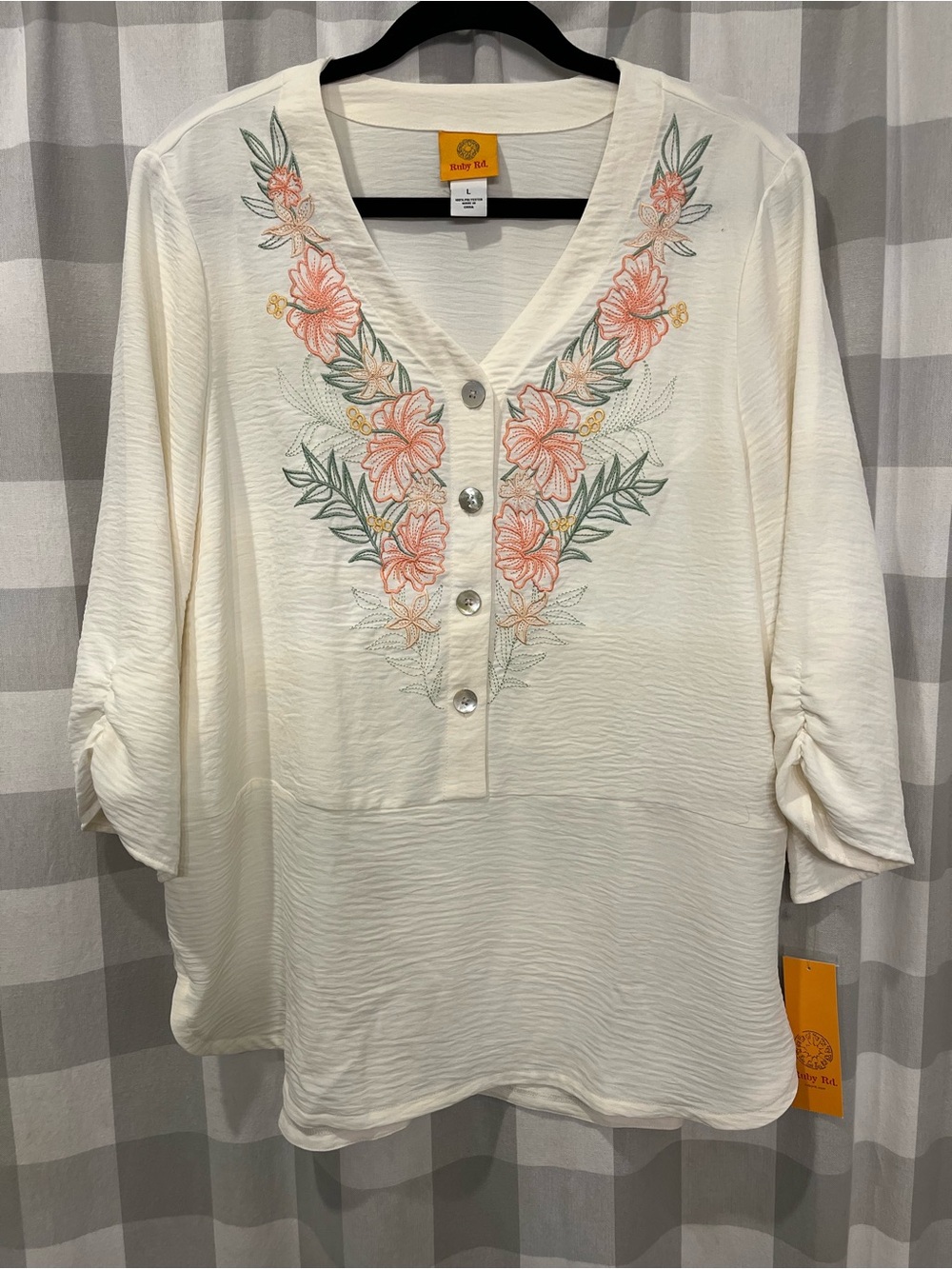 Ruby Rd. Cream V-Neck Tunic with Coral Floral Embroidery